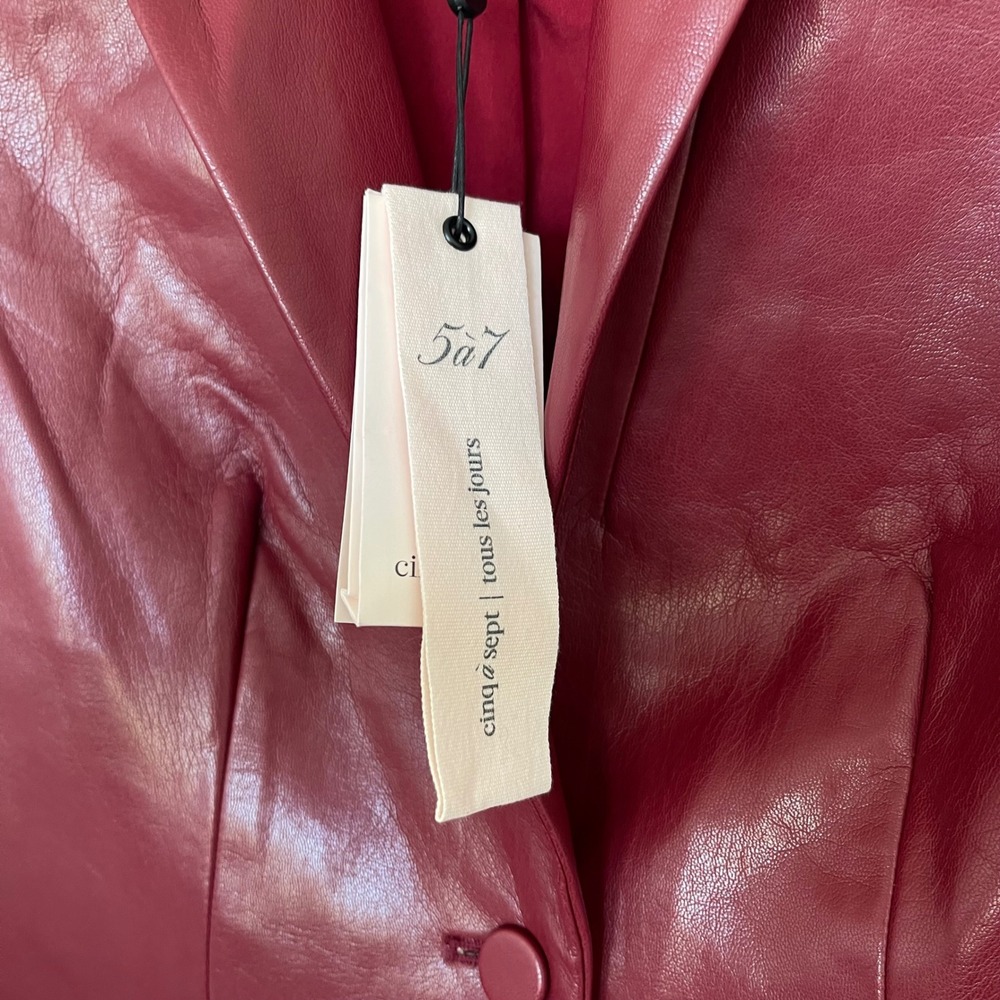 NWT Cinq a Sept Kylie Vegan Leather Jacket Sz 0 Rhubarb Red Ruched Sleeve Blazer - Picture 13 of 16